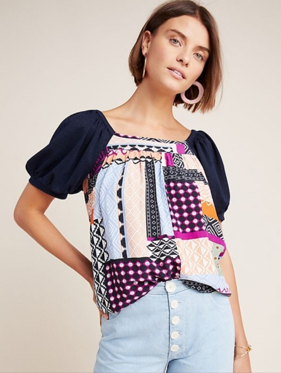 Anthropologie Tops - Anthropologie Maeve Patchwork Print Tunic Blouse S Boho Cottagecore Puff Sleeve